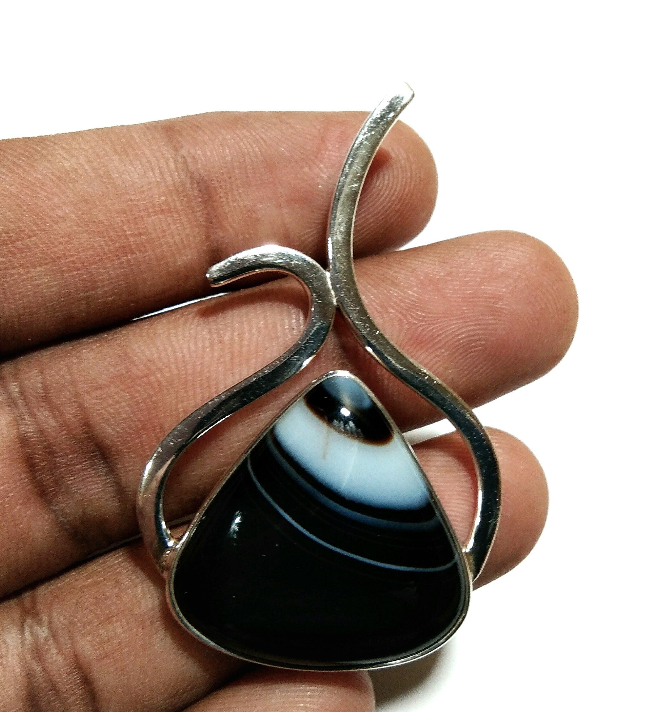 Natural Black Banded Agate Stone Pendant, Solid 925 Sterling Silver Pendant, Design Pendent Jewelry, Gift Birthday Pendant Jewelry